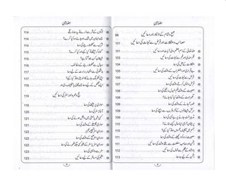 Open pages of Hisn-ul-Muslim Urdu prayer book showing index of supplications and duas in Urdu script