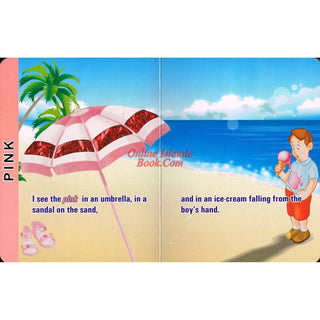 My Little Marvels Colors children's book showing pink umbrella, sandals, and ice-cream on beach scene