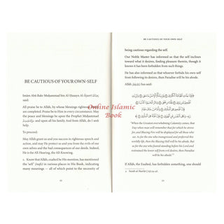 Open softcover book The Pursuit of Self-Purification by Imam al-Ajurri showing Arabic text and English translation on self-awareness and righteousness.